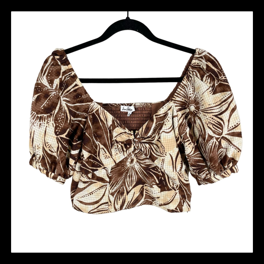 Sam Edelman Top Womens M Brown Floral Puff Sleeve Crop Smocked Blouse Tropical